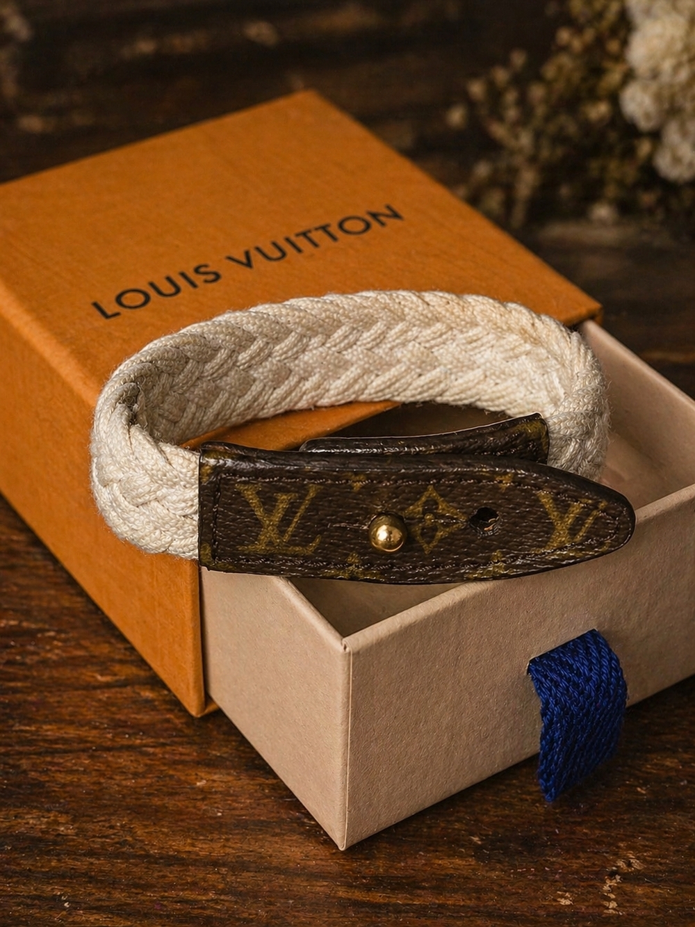 Louis Vuitton Braided Cord Bracelet in Cream with Monogram Leather Accent